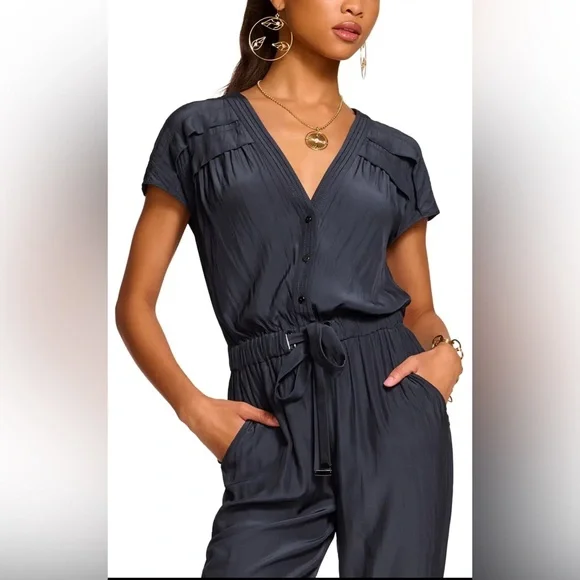Ramy Brook ALETHA Midnight navy Blue silky short sleeve Jumpsuit NWT MEDIUM - Picture 3 of 10
